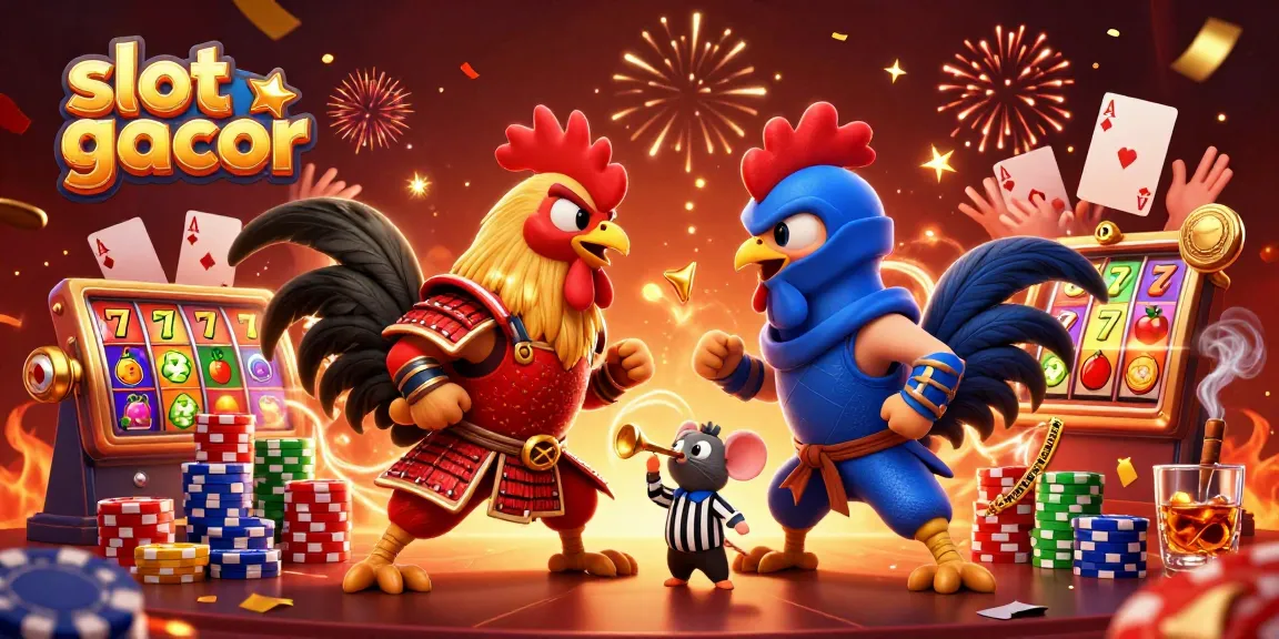 Slot gacor tampil dramatis dengan dua ayam jantan dalam pertarungan, dikelilingi simbol kasino.