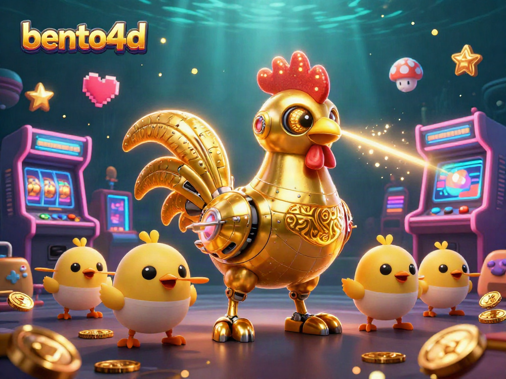 Engage in exciting gaming action with bento4d featuring animated golden rooster and arcade elements.