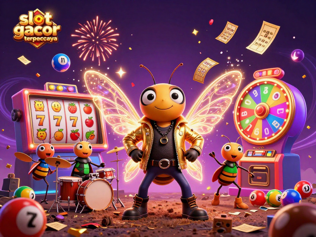 Engage with slot gacor terpercaya through a vibrant scene of cartoon characters celebrating and winning in a casino environment.