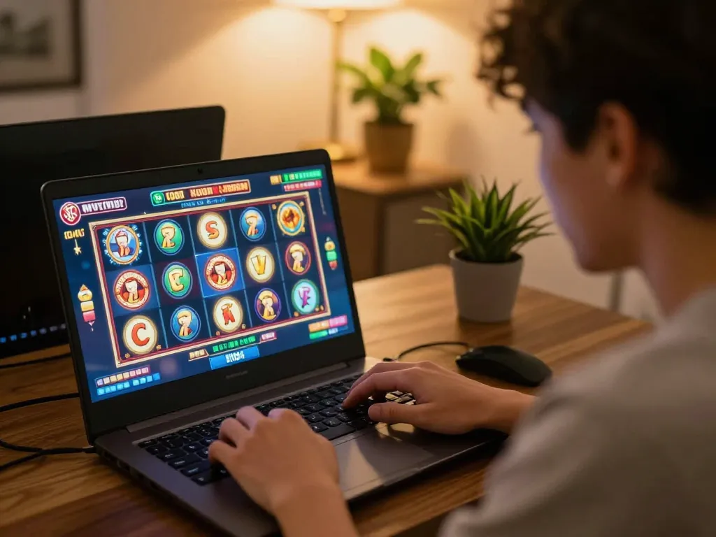 Player actively engaging with viral4d online slots on a laptop in a cozy home setting.