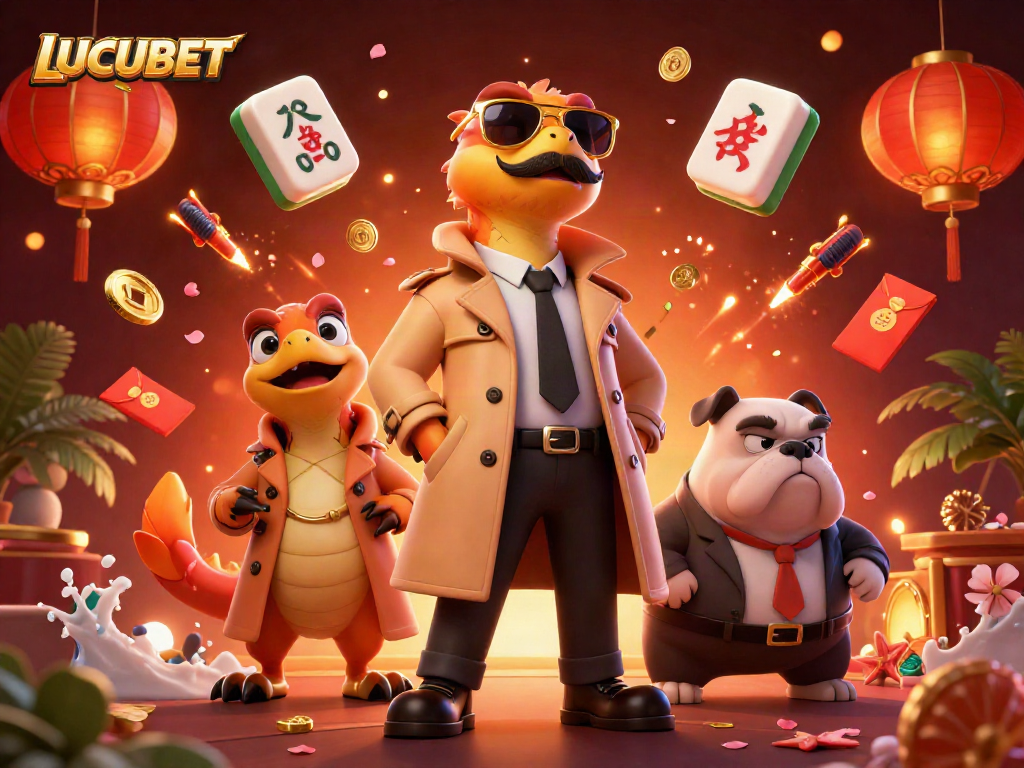 LUCUBET raptors sneak into a VIP casino, showcasing a colorful gaming atmosphere.