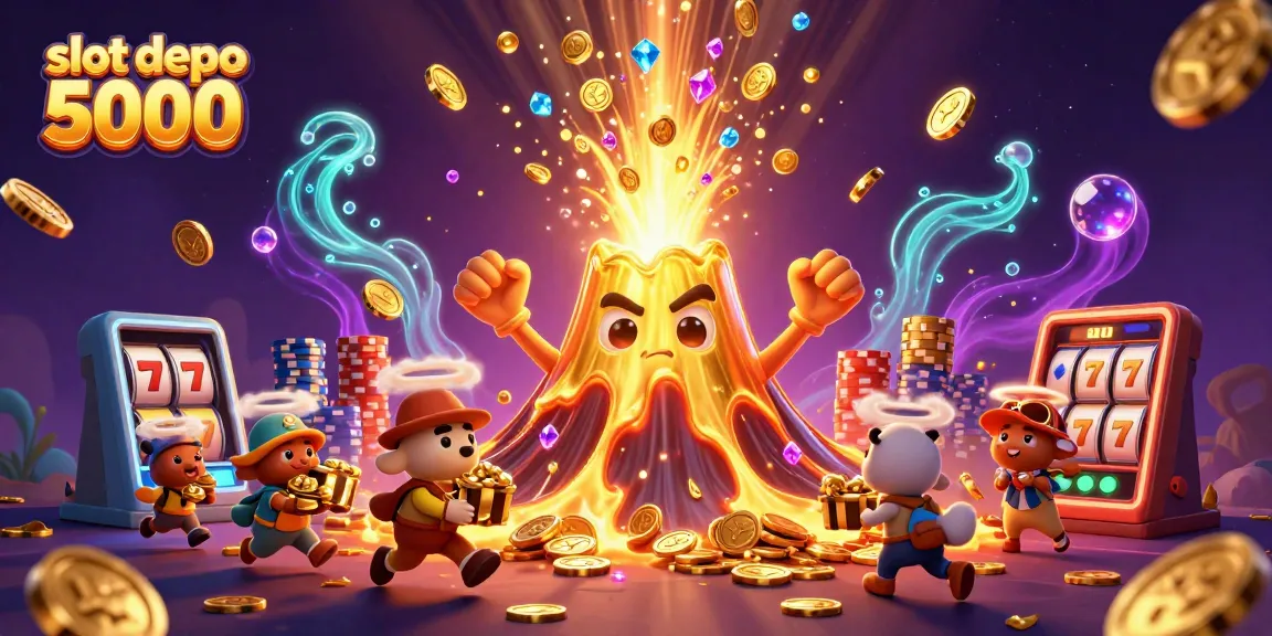 Engage with slot depo 5000's thrilling experience featuring a golden volcano erupting coins and gems in a vibrant casino scene.