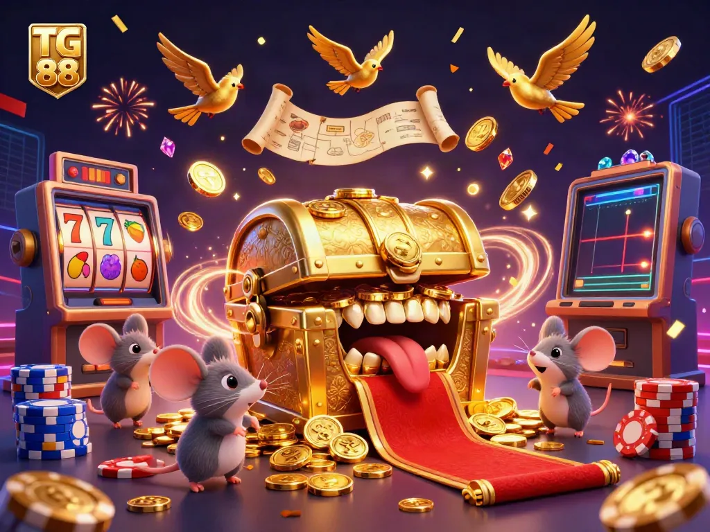 Experience excitement with TG 88 as a treasure chest lures adventurer mice amidst vibrant casino elements.