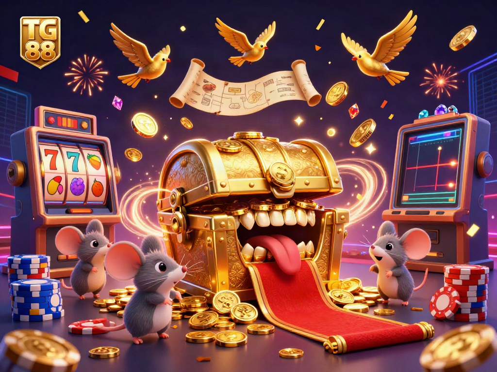 Experience excitement with TG 88 as a treasure chest lures adventurer mice amidst vibrant casino elements.