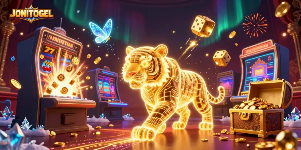Experience the electrifying win with JONITOGEL amidst a dazzling digital casino landscape.