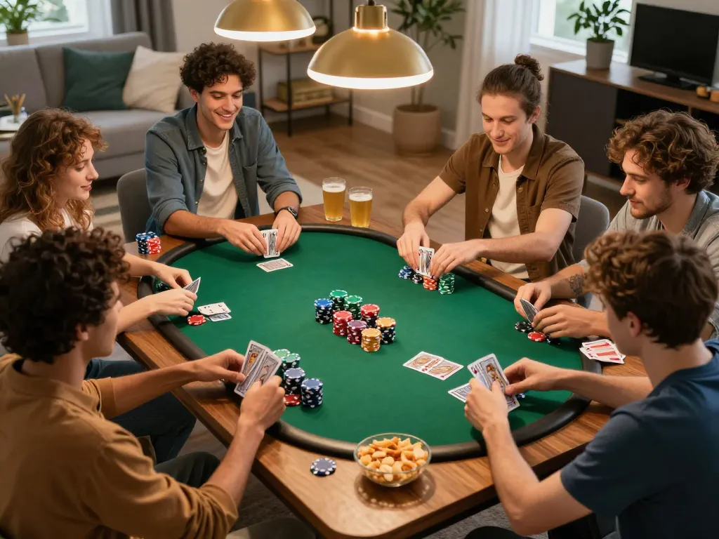 Teman-teman menikmati malam poker di rumah dengan alexis500, chip dan kartu berwarna menciptakan kegembiraan.