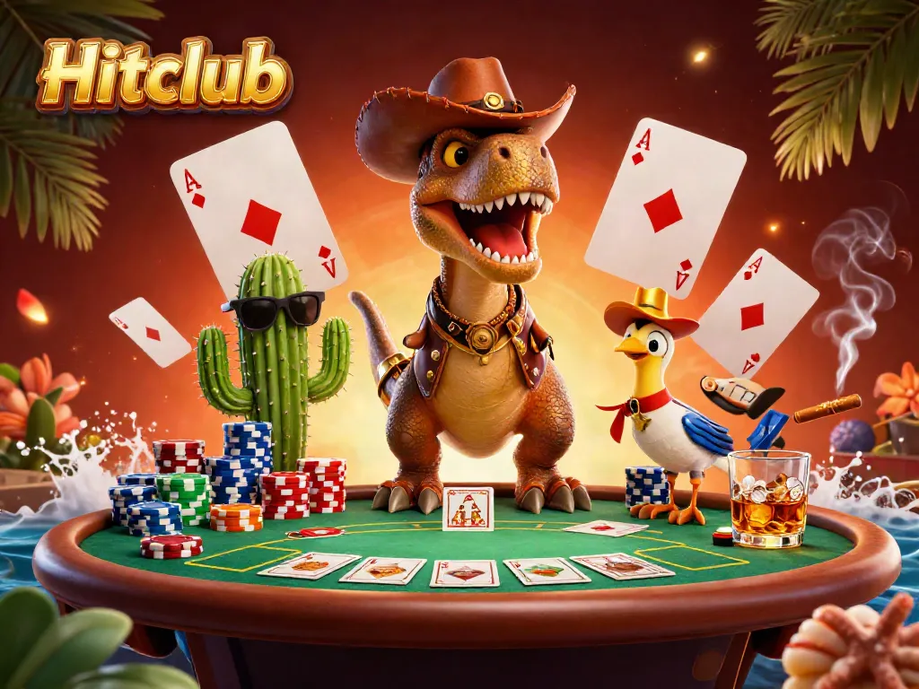 Hitclub players engage in an exciting poker scene with cartoon characters and vibrant casino elements.