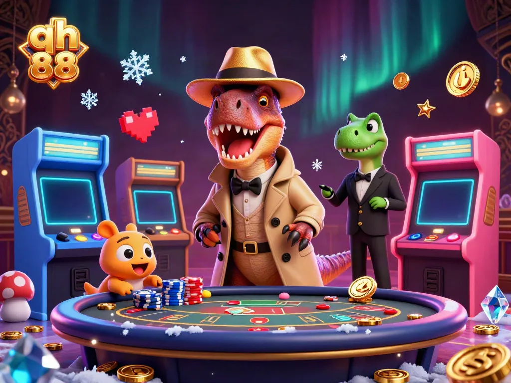 Engage in thrilling action at qh 88 with a cartoon velociraptor at a blackjack table, surrounded by glowing game machines.