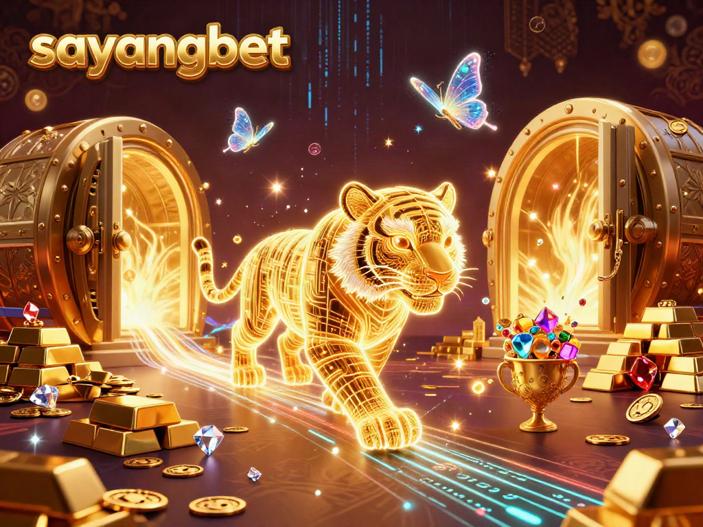 Experience excitement with sayangbet at this dazzling digital casino landscape featuring golden treasures and a radiant tiger.