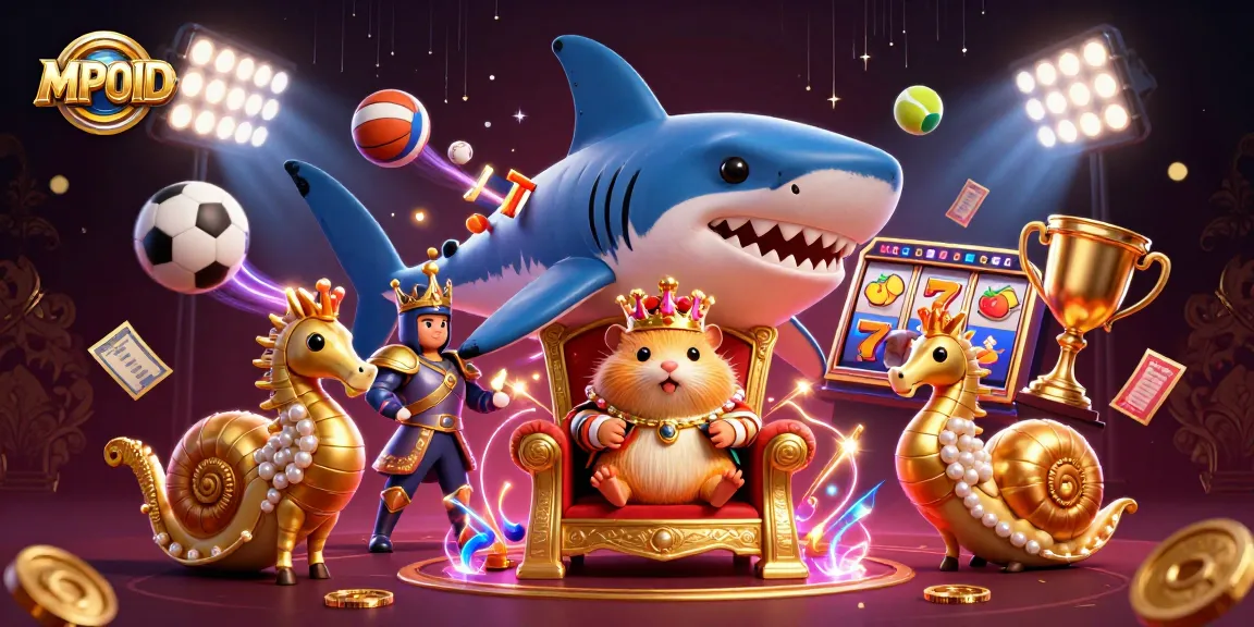 MPOID illustration showcases a golden hamster king on a shark throne, surrounded by dynamic casino elements for an engaging experience.