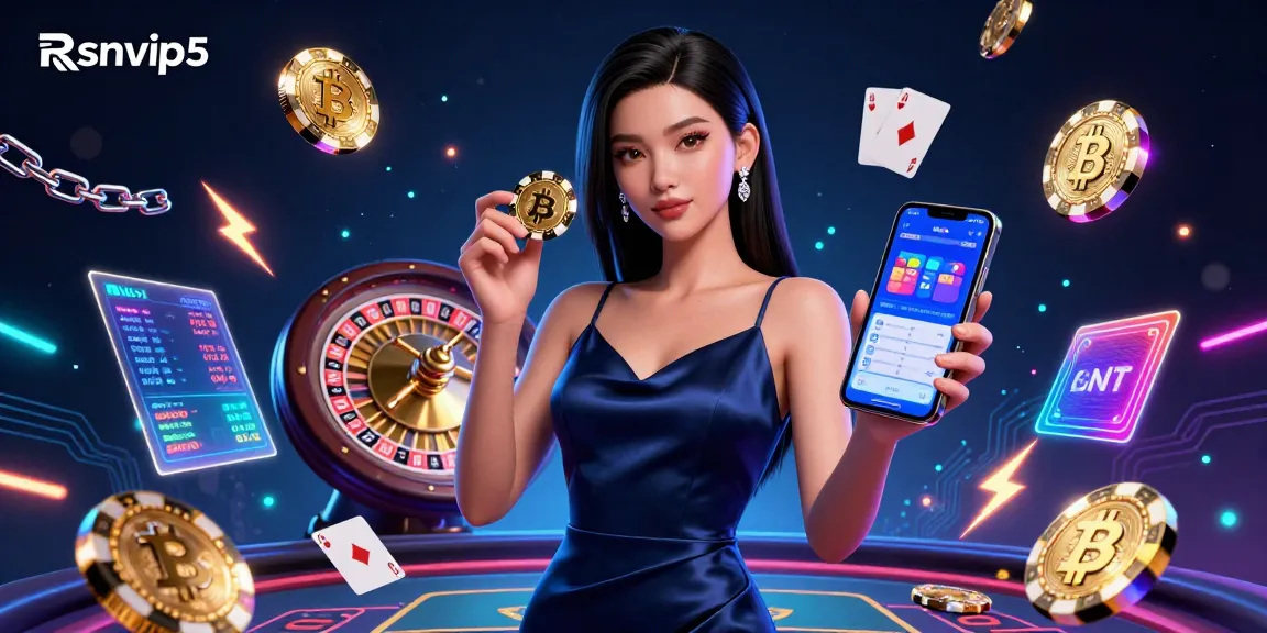 Rasakan Rsnvip5 dengan seorang wanita percaya diri yang menunjukkan kegembiraan kasino, dikelilingi oleh aset digital yang dinamis.