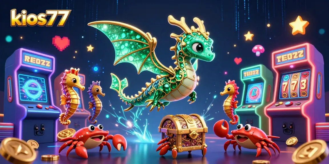 Engage with kios77's magical casino realm featuring vibrant game elements and a sea dragon treasure guardian.