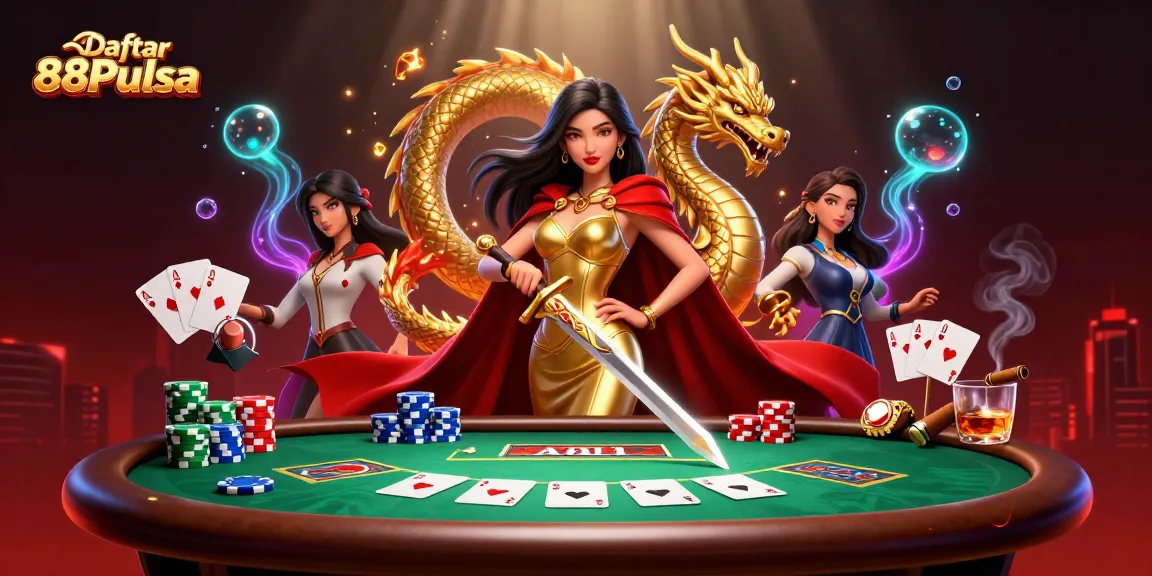 Engage with Daftar 88Pulsa, where gaming royalty meets dynamic poker action in a lavish casino setting.