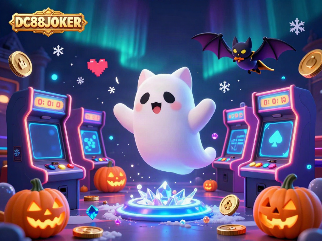 Experience the excitement of DC88JOKER with a friendly ghost cat in a vibrant casino illustration.