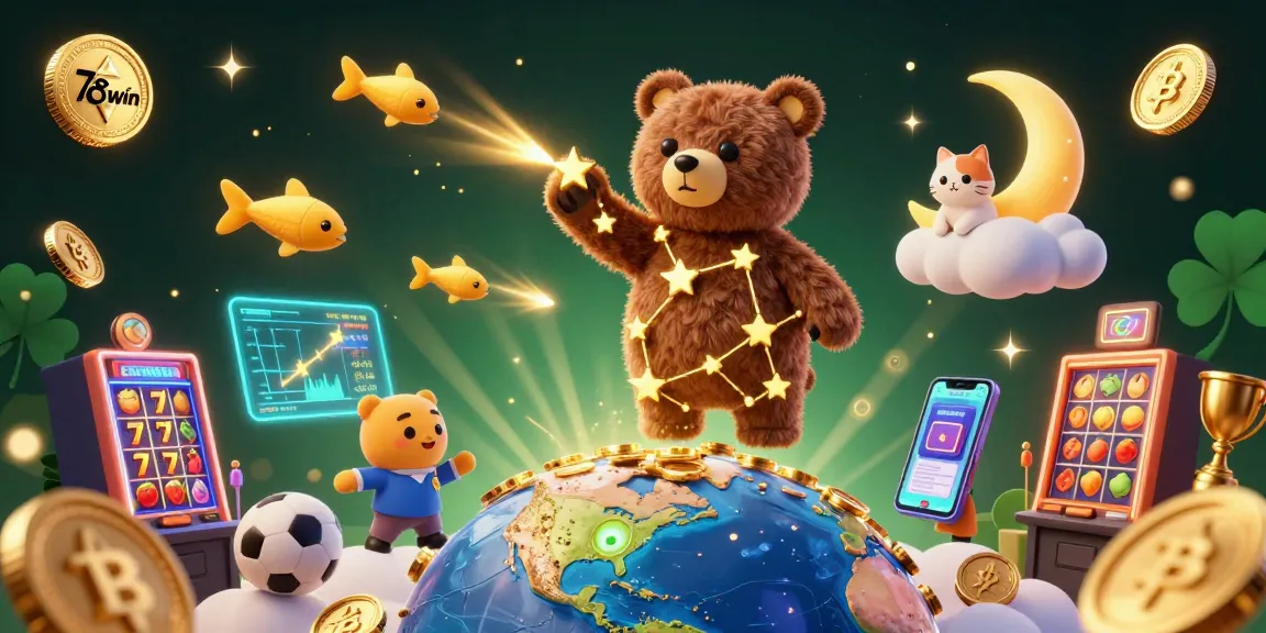 Engage with 78win, showcasing a lively 3D casino scene featuring gold-star constellations and cryptocurrency elements.