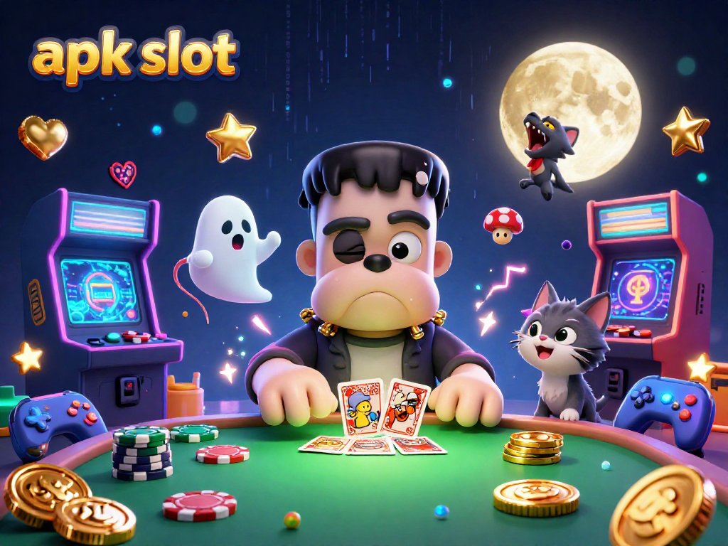 Menang dalam apk slot saat bermain dengan karakter unik, mesin slot berwarna-warni, dan efek holografik