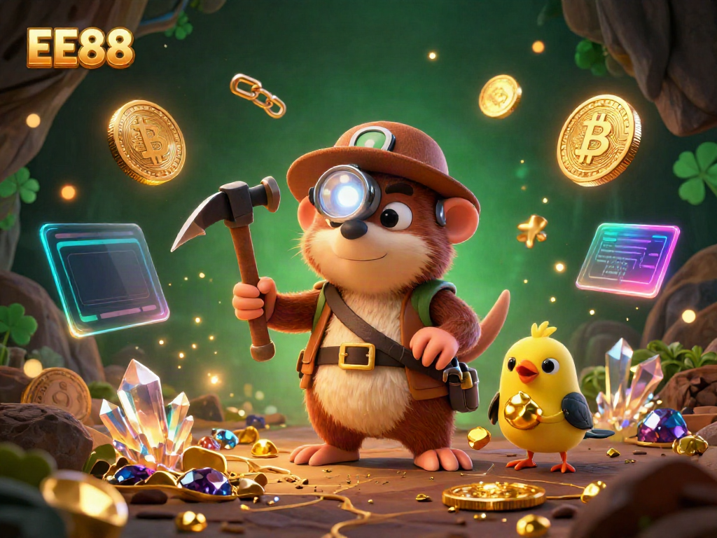 Experience thrilling adventures at EE88 with a treasure hunter mole and crypto treasures illuminating the scene.