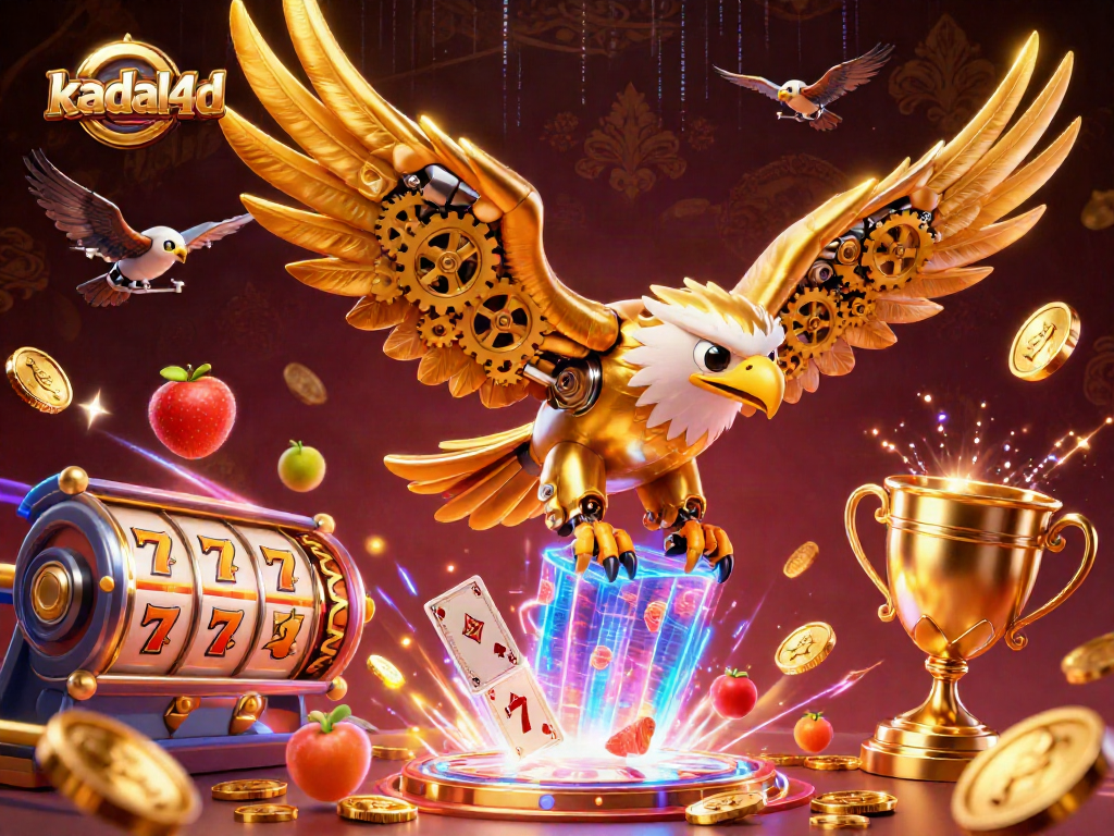 Experience thrilling wins with kadal4d, featuring a vibrant 3D slot scene and cybernetic eagle.