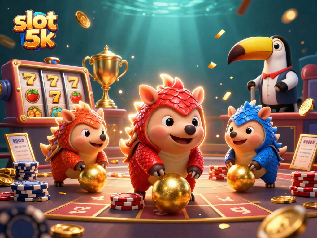 Slot 5k: kompetisi seru antara dua pangolin di arena slot yang dikelilingi koin emas.