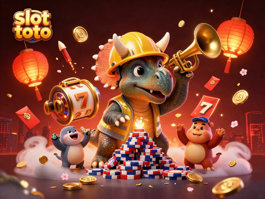 Permainan slot toto dengan triceratops dan elemen meriah lainnya di kasino.