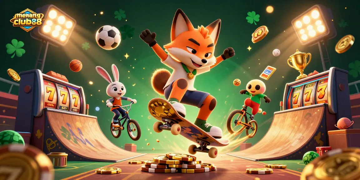 Experience exciting wins at menangclub88 with a lively 3D casino scene featuring vibrant characters and gaming elements.