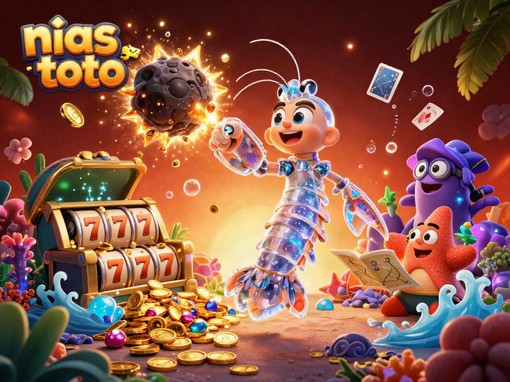 Ilustrasi kasino online nias toto yang dinamis dengan samurai mantis dan emas, menampilkan jackpot dan permainan slot.