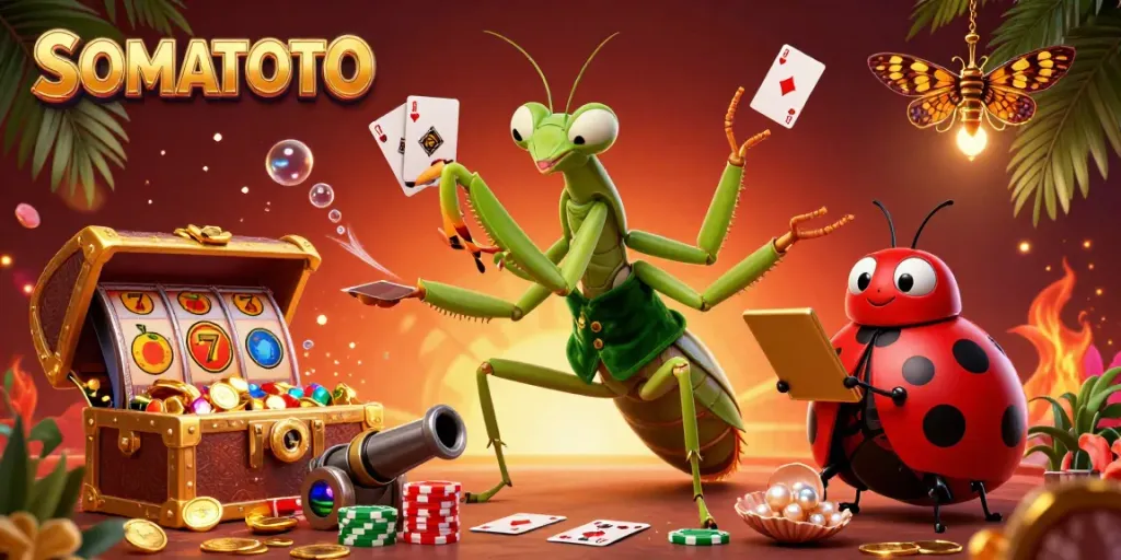 Experience thrilling slot action at SOMATOTO with vibrant games and dynamic characters in a colorful casino scene.