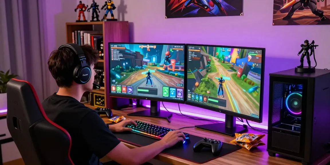Engaged gamer playing Tunas4D in vibrant home office with immersive setup
