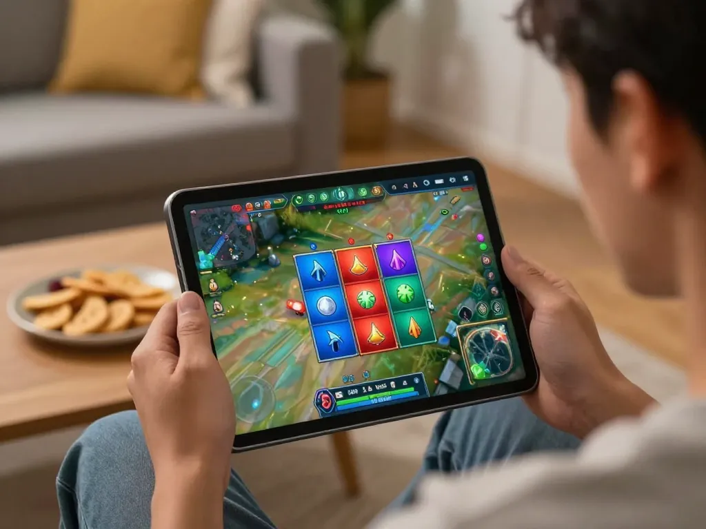 Engaging in Juraganbola gameplay on tablet, cozy home environment with snacks