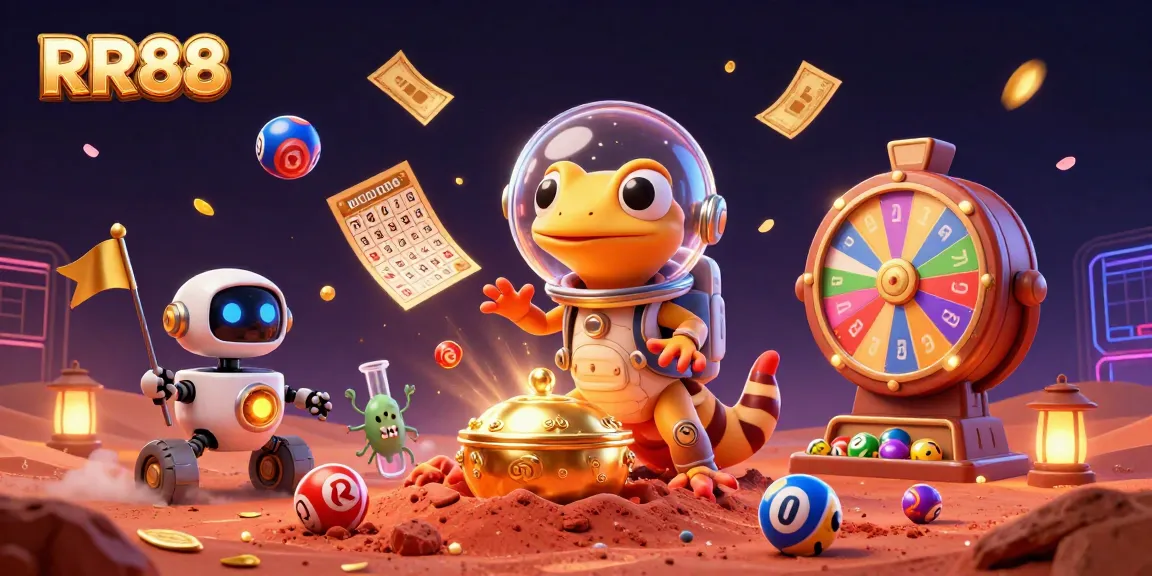 Experience RR88's dynamic casino adventure as a Martian gecko discovers hidden treasures, with colorful game elements all around.