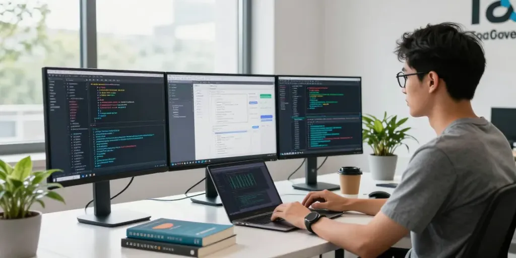 Proses cirebontoto login di ruang kerja modern dengan pengembang perangkat lunak yang fokus dan alat teknologi canggih.