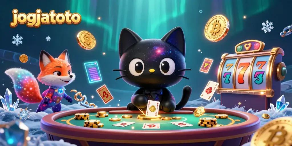 Experience vivid gaming action at jogjatoto, with a whimsical cosmic casino scene featuring vibrant characters and lucky slot elements.
