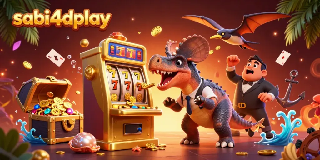Sabi4dplay menampilkan ilustrasi slot beruntung dengan dinosaurus dan manajer kasino dalam aksi menang jackpot.