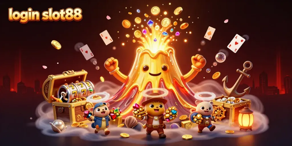 Celebrate wins at login slot88 with a victorious golden volcano, lucky 7 slots, and gleaming treasures.