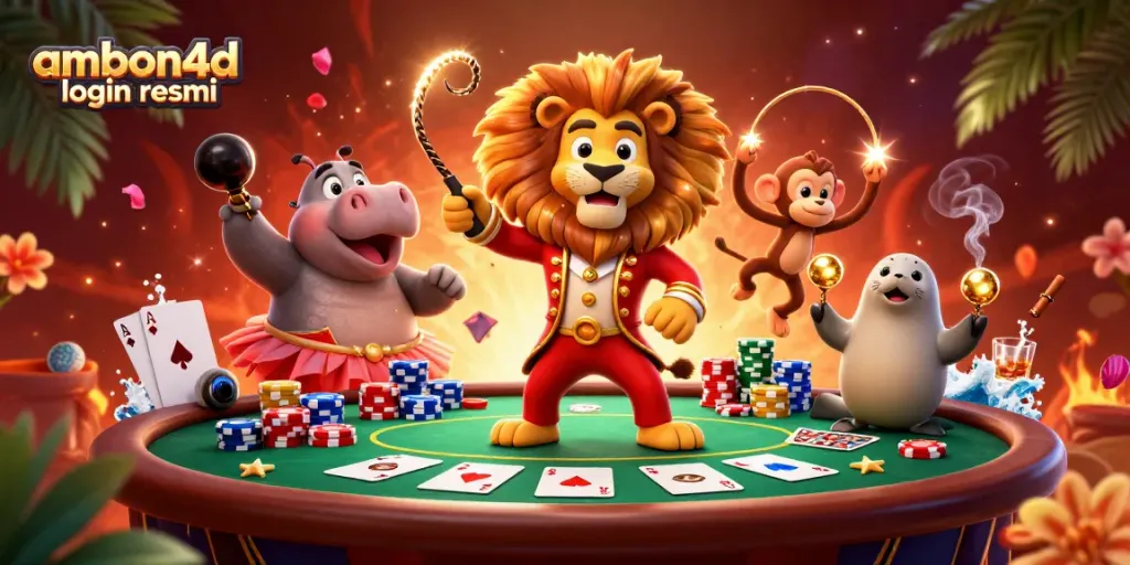 Engage with ambon4d login resmi in this vibrant casino scene featuring a circus lion and whimsical characters.