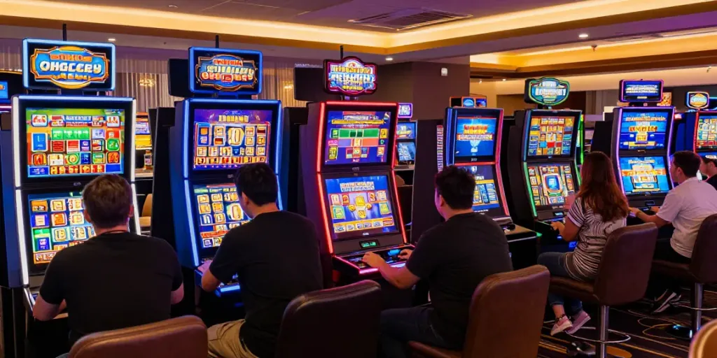 Players enjoying slot gacor games in a lively casino atmosphere.