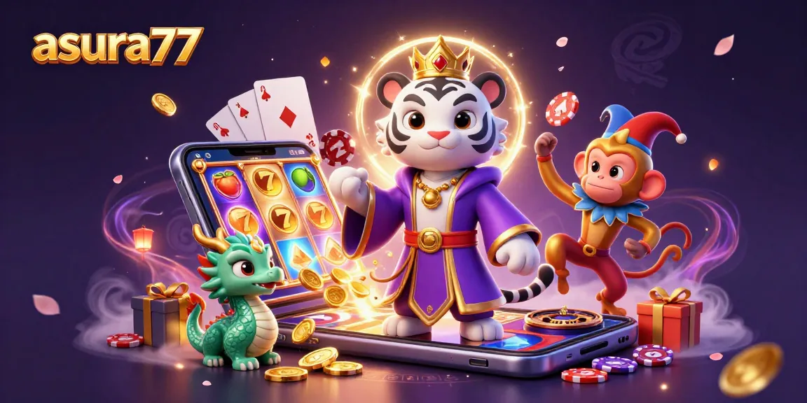 Win big with Asura77 at this vibrant illustrated casino scene featuring playful characters and slot game elements.
