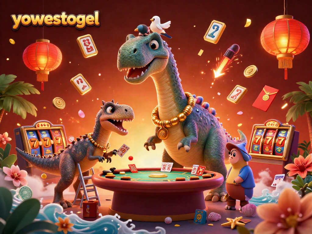 Engage in thrilling games at yowestogel with a vibrant casino scene featuring a giant brontosaurus!