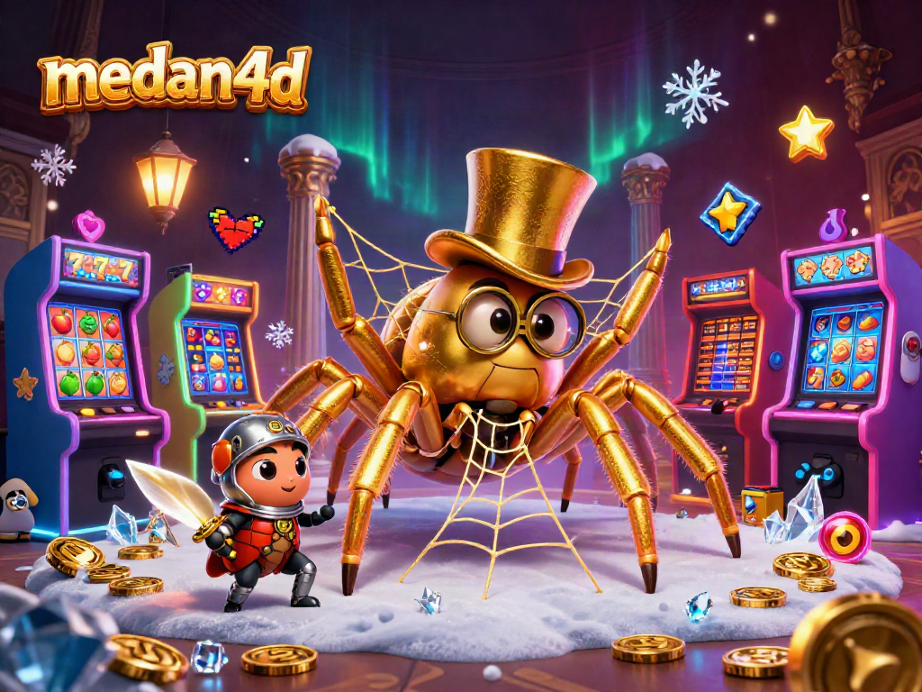Menyajikan medan4d, ilustrasi 3D menggambarkan tarantula emas raksasa dan ksatria kumbang beraksi siap menang di kasino.
