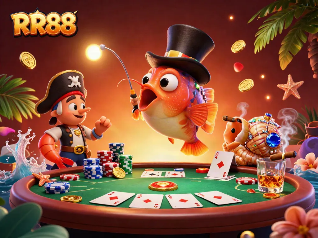 Engage in exciting poker at RR88 with a captivating anglerfish and pirate shrimp illustration, featuring casino elements.