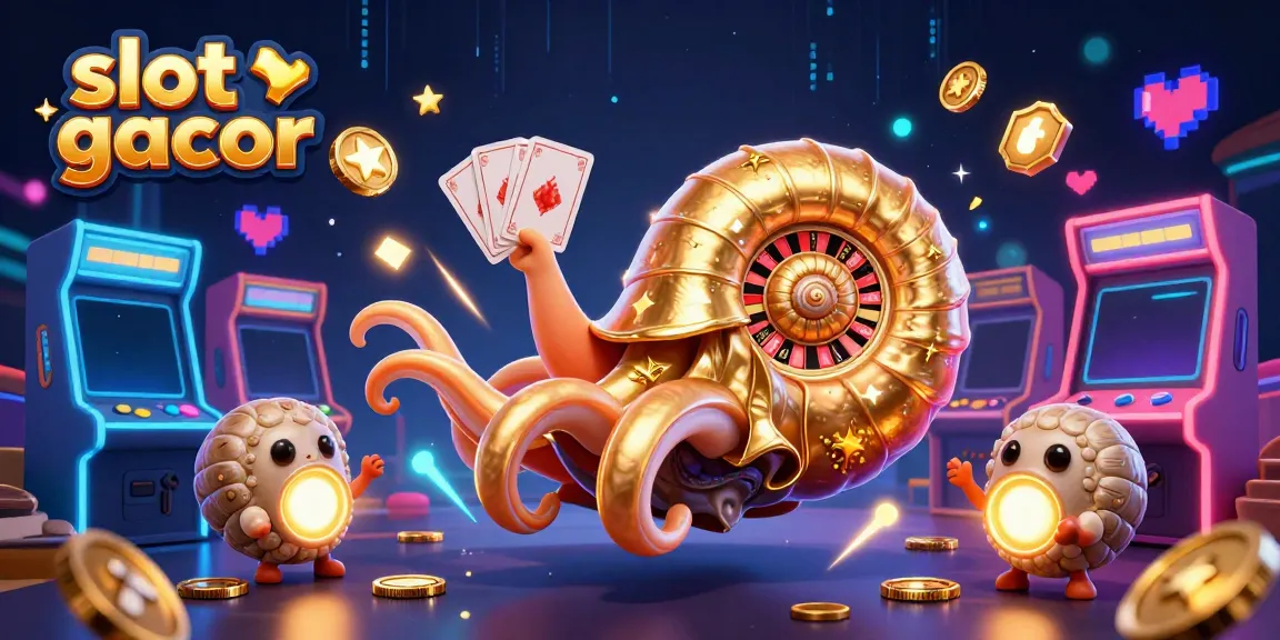 Mengacu pada slot gacor, ilustrasi 3D nautilus raksasa memegang kartu dalam suasana kasino yang penuh warna.