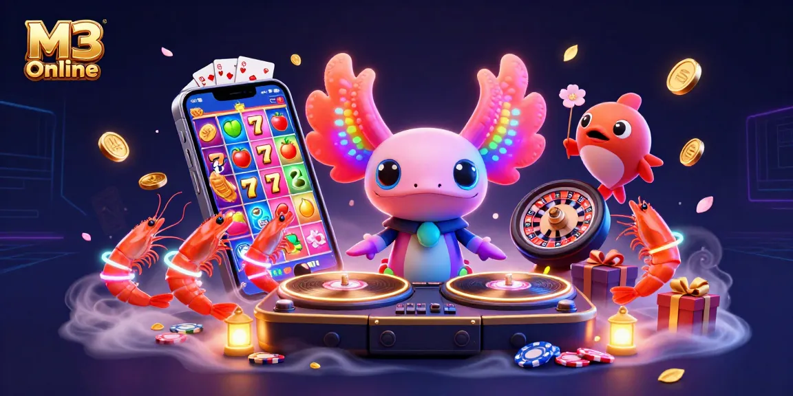 Experience the thrill of M3 Online with a vibrant 3D axolotl DJ and slot games.