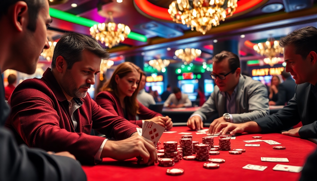 Nemo69 menampilkan suasana kasino yang dinamis dengan pemain poker berkonsentrasi.