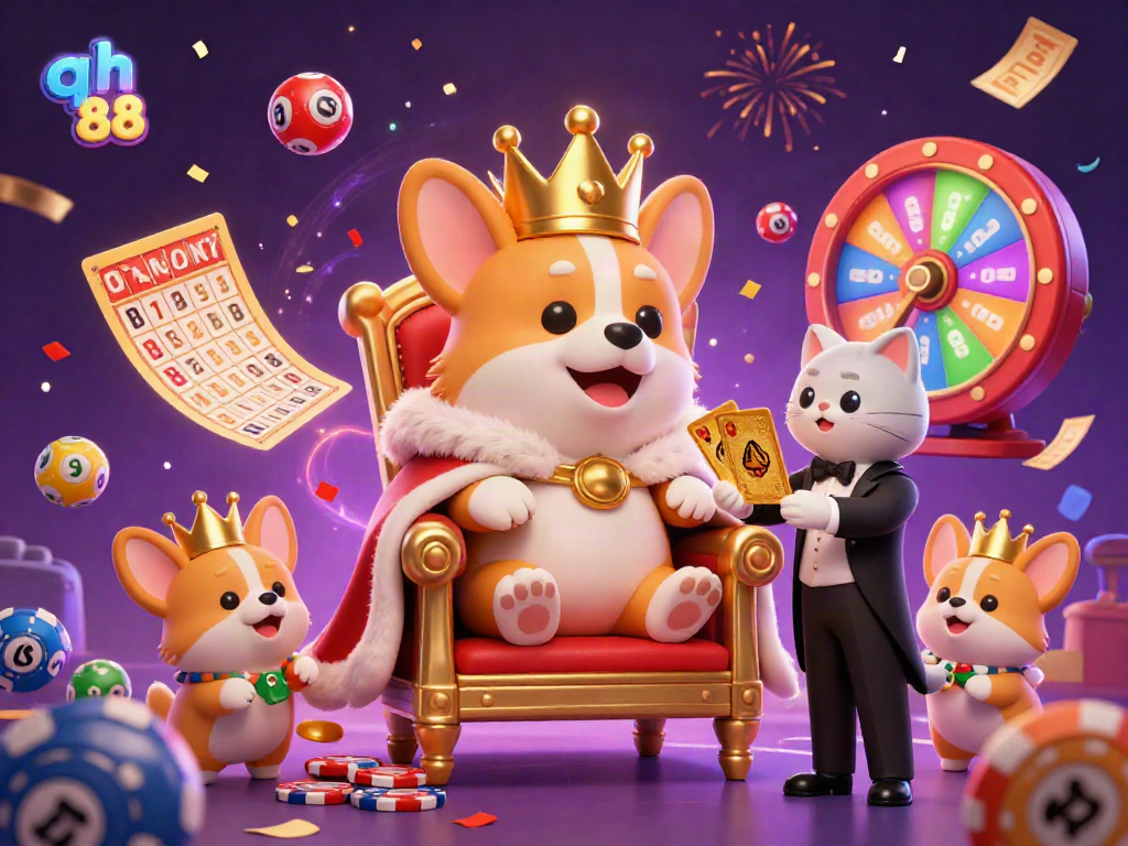Catching the eye, a royal corgi throne scene embodies the excitement of gambling at qh 88 with vibrant game elements.