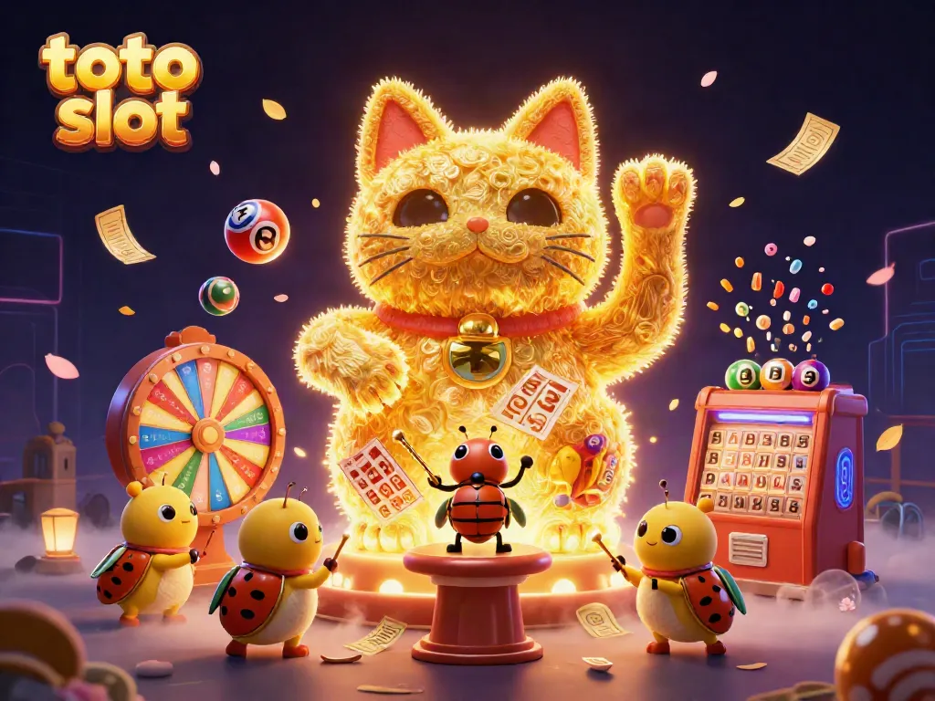 Permainan toto slot dengan karakter kucing keberuntungan dan elemen kasino menarik lainnya.