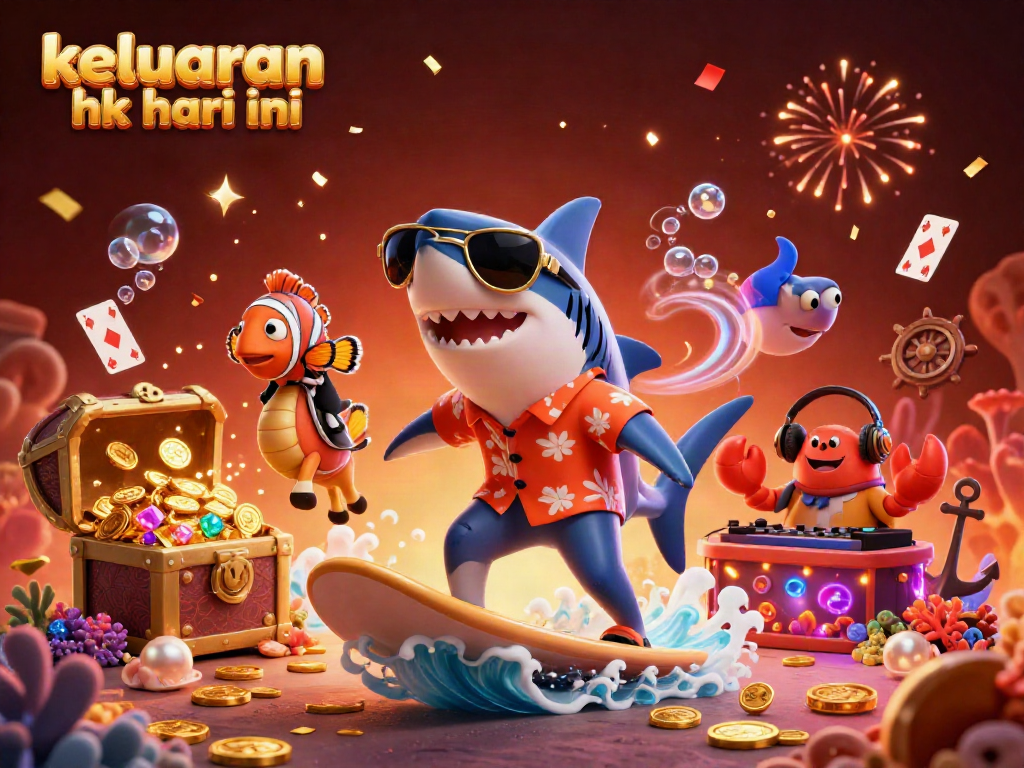 Keluaran HK hari ini dengan karakter kartun laut ceria dan elemen kasino di bawah laut.