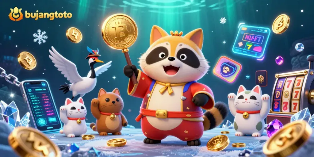 Experience the excitement of bujangtoto with a 3D cartoon illustration of playful characters and dynamic casino elements.