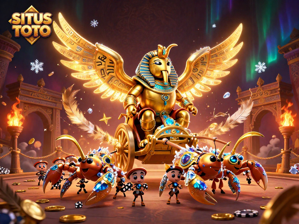 SITUS TOTO memantulkan keseruan permainan judi dengan ilustrasi scarab emas yang memukau di chariot, kartu, dan koin tersebar