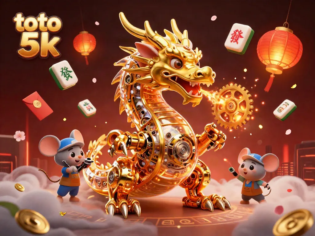 Experience the immersive atmosphere of toto 5k with a golden dragon amid festive gambling elements.