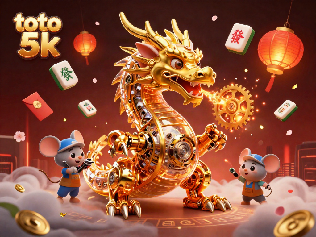 Experience the immersive atmosphere of toto 5k with a golden dragon amid festive gambling elements.